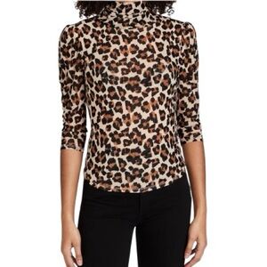 Free People Leopard Print Mesh Turtle Neck, 3/4 Length Sleeve, Brown/Black, M